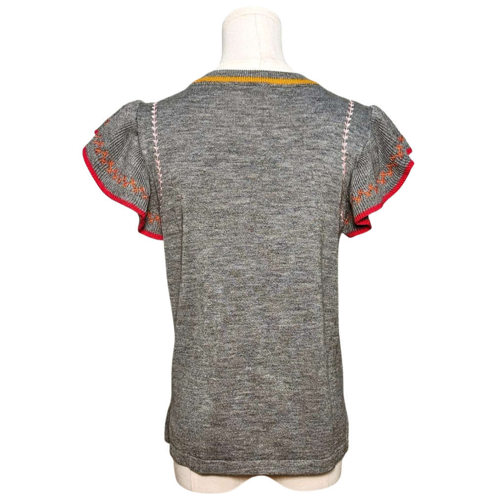 THML Gray Embroidered Ruffle Short Sleeve Wool Blend Sweater Small - Picture 5 of 7